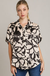 Two Tone Print Button Down Top with Hidden Plackets Umgee Black S
